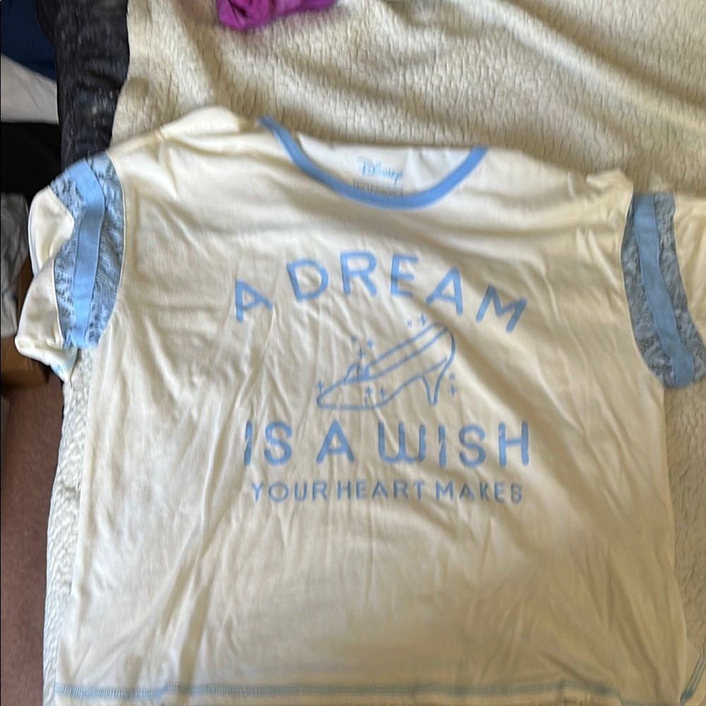 EUC size L Her Universe Cinderella Cream and Blue Casual Tee with lace on sleeve